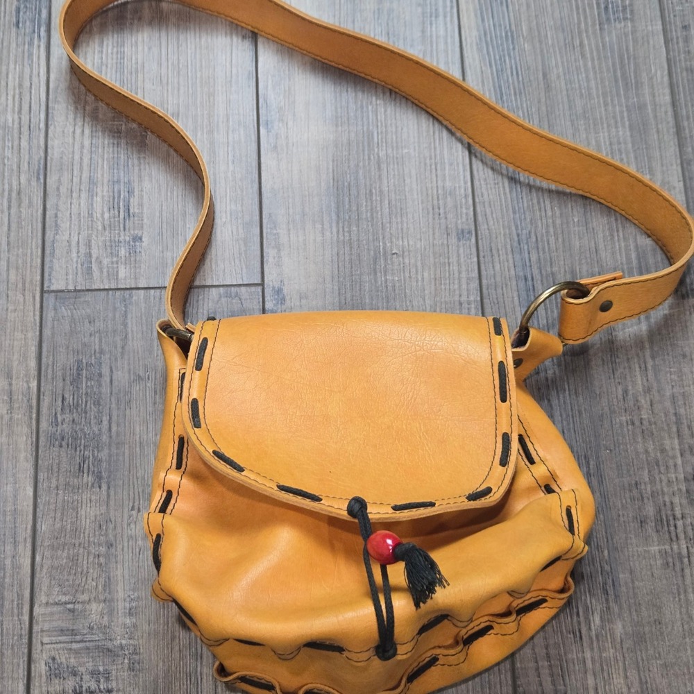 Handmade Leather Crossbody Bag Small Rustic Boho Tassel Fringe Mustard Southwest